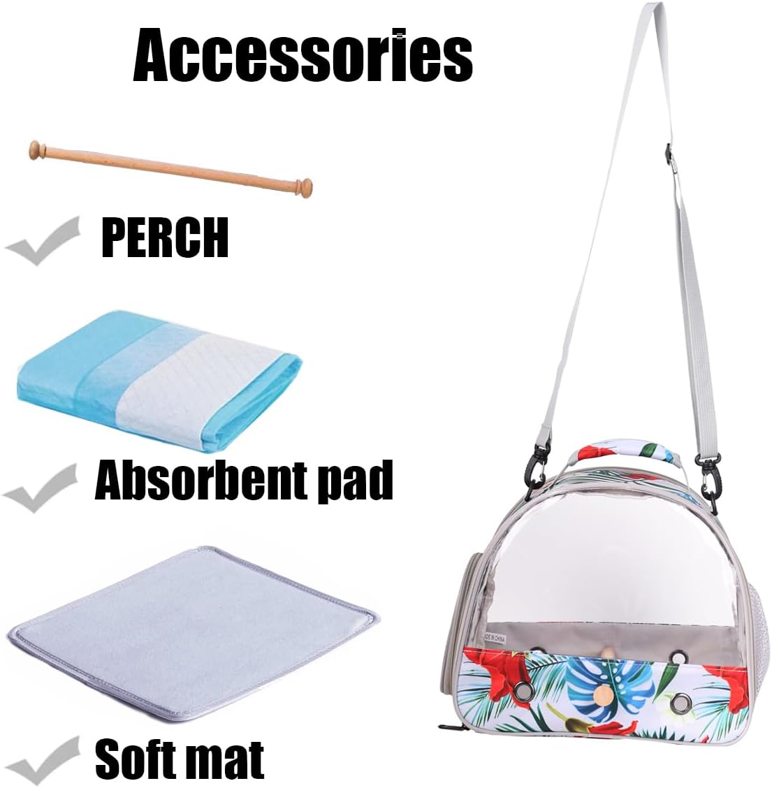 Portable Small Bird Travel Carrier Cage with Stand Perch, Bird Carrier to Carry Parakeet Budgies Parrot Cockatiel Conure Outdoor, Front Clear Window with Floral Printing - Image 4