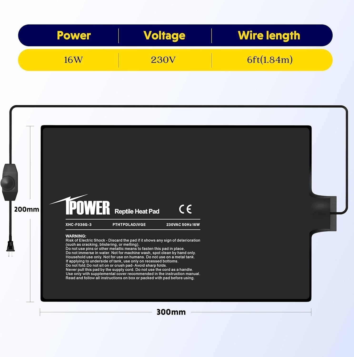 iPower 8 by 12-Inch 16 Watts Reptile Heating Mat with Temperature Controller Under Tank Warmer Terrarium Heat Pad for Reptiles and Amphibians, Black - Image 2