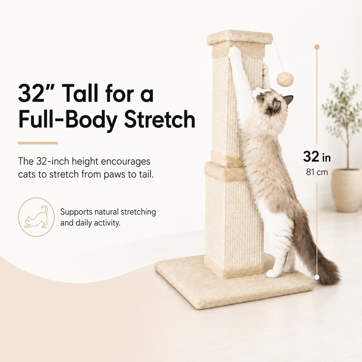 Cat Scratching Post for Indoor Cats, 32Inch Sisal Cat Scratcher, Beige | Wide Stable Base, Full-Body Stretching Cat Scratch Post, Heavy Duty Post for Cat Adults to Protect Furniture, Easy Assembly - Image 6