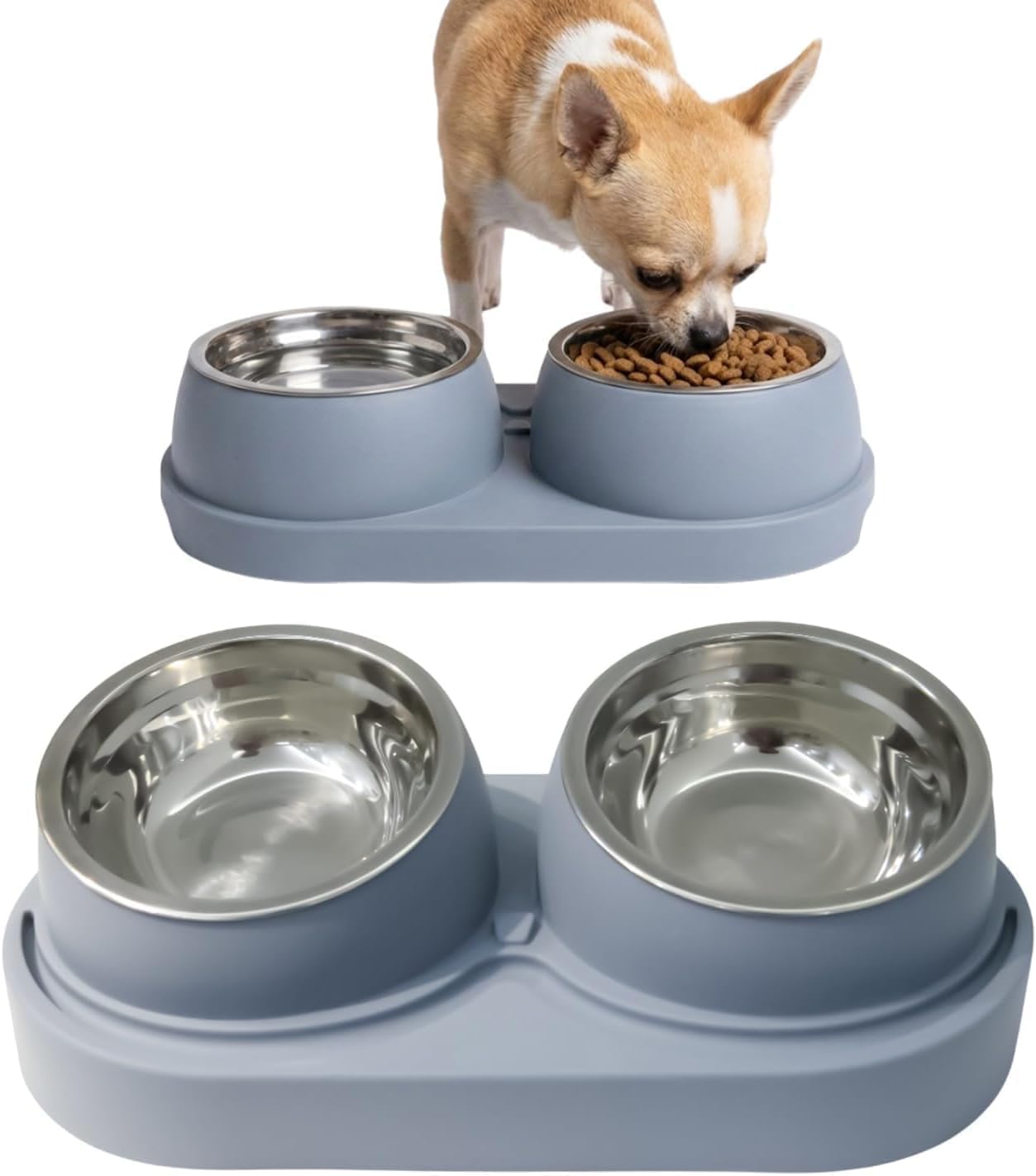 Non-Slip Tilted Double Dog & Cat Bowl with Removable Inserts, Anti-Tip Dual Food and Water Feeder for Small Dogs and Cats, Easy to Clean (Grey)