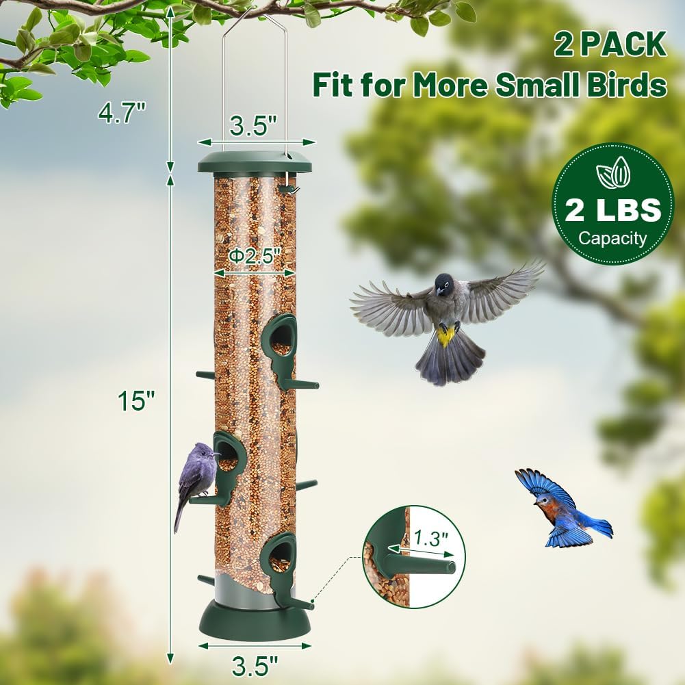 FEED GARDEN 2 Pack Tube Bird Feeders for Outdoors Hanging - Premium Hard Plastic Wild Bird Feeder with 6 Ports, Easy Refill & Clean, 15 Inch, Green - Image 2