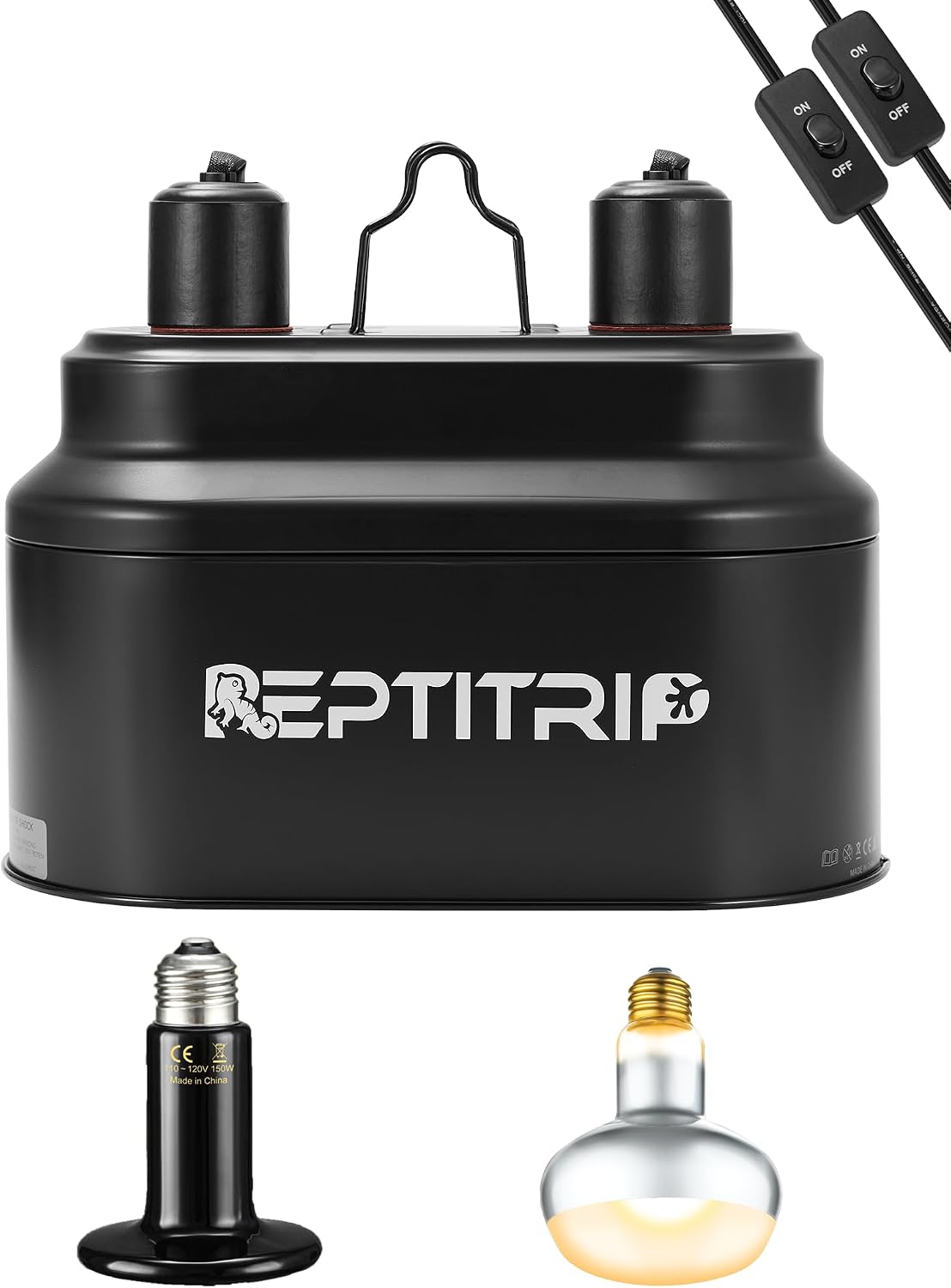 REPTITRIP Dual Reptile Light Fixture with 100W Daytime Heat Bulb & 100W Nighttime Ceramic Heat Emitter, 2 Independent Switches, Reptile Heat Lamp Combo Pack - No UVB