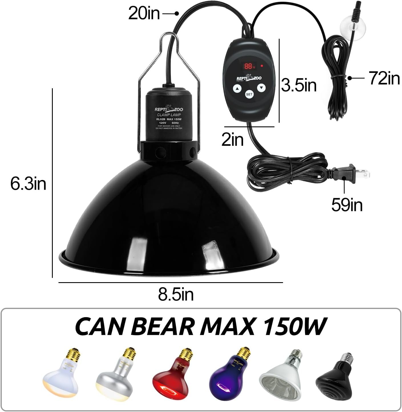 REPTI ZOO Reptile Light Fixture with Dimming Thermostat, 8.5 Inch Deep Dome Lamp Fixture with Reptile Heat Lamp Bulb Temperature Controller Reptile Dimming Thermostat Max 150W - Image 2