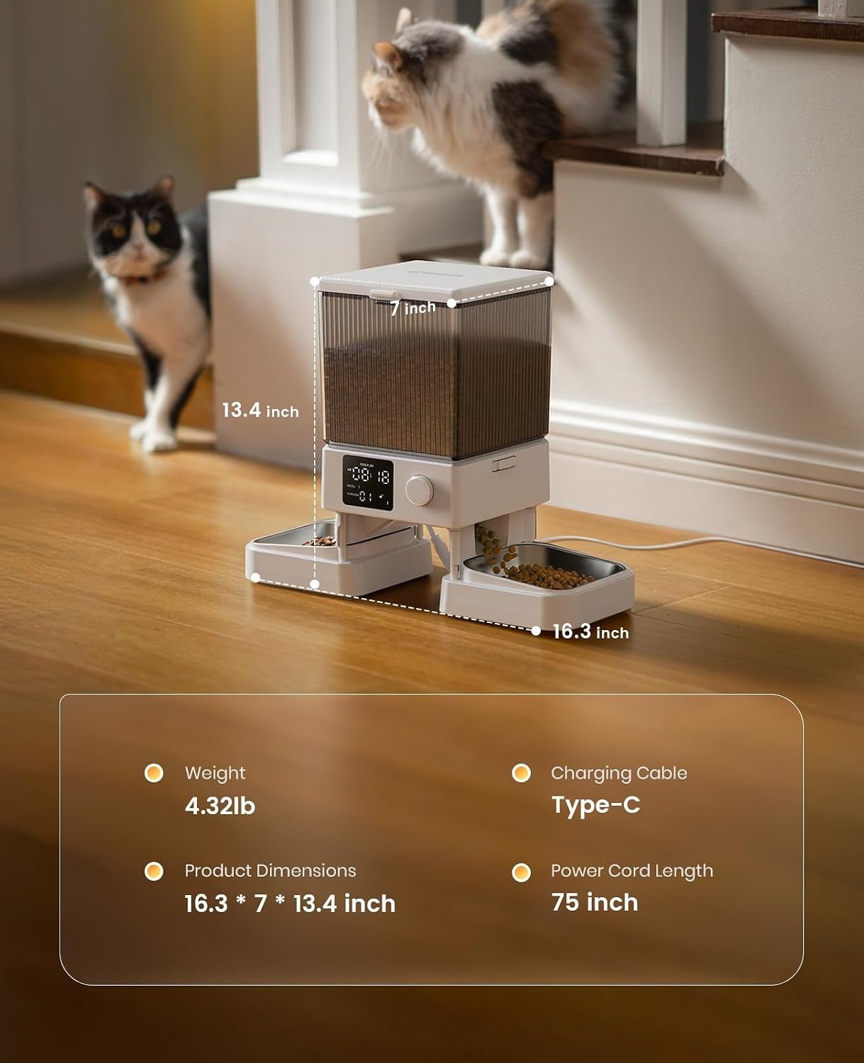 oneisall Automatic Cat Feeder for 2 Cats Pets, Timed Cat Food Dispenser | 20 Cups/5L, Prevent Fighting, Precise Portion, Balanced Dispense, Non-Slip & Stable, Voice Recorder, Stainless Steel Bowls - Image 9