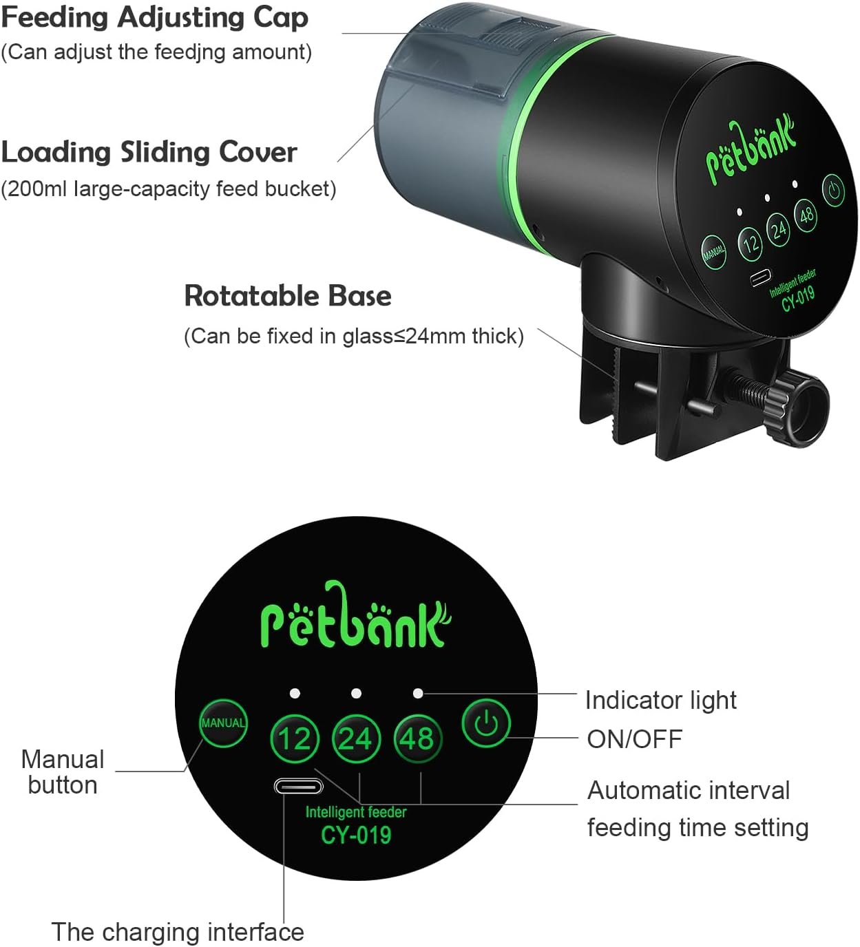 Automatic Fish Feeder for Aquarium - Auto Fish Food Dispenser Rechargeable for Small Large Tank with USB Charger Cable,12/24/48H Interval Esay Set Up (Black, CY-019) | 200ML USB-C Rechargeable Auto Food Dispenser for Flakes & Pellets, Vacation Feeding for Small Tank Betta Koi Turtle - Image 8