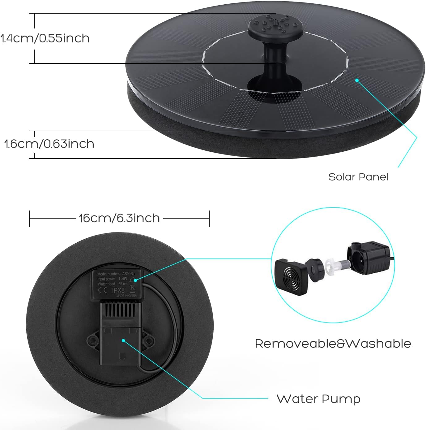 Mademax Solar Bird Bath Fountains, Upgrade 1.4W Solar Fountain Pump with 8 Nozzles & 4 Brackets, Free Standing Floating Solar Powered Water Fountain Pump for Bird Bath, Garden, Pond, Pool, Outdoor - Image 6