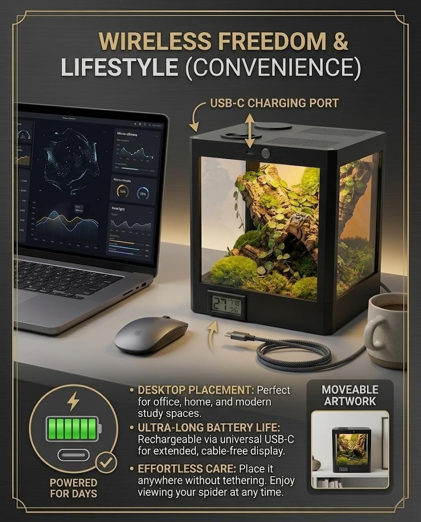 Smart Jumping Spider Terrarium with LED Light & Temp Humidity Monitor – Micro-Jungle Reptile Enclosure, Vertical Desktop Rainforest Ecosystem Display Decor - Image 5