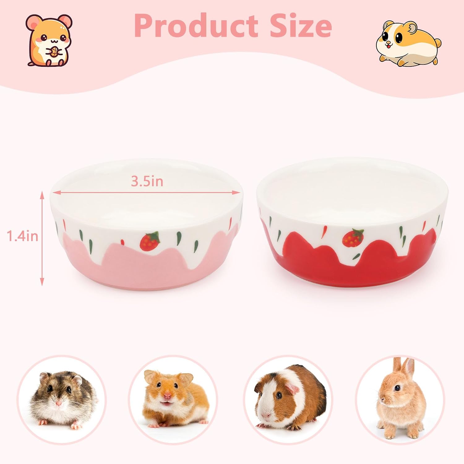 Wontee Hamster Food Bowl 2 Pack Ceramic Food Water Bowl Anti-Tipping for Dwarf Hamsters Gerbil Mice Hedgehog Guinea Pig (Red+Pink) - Image 4