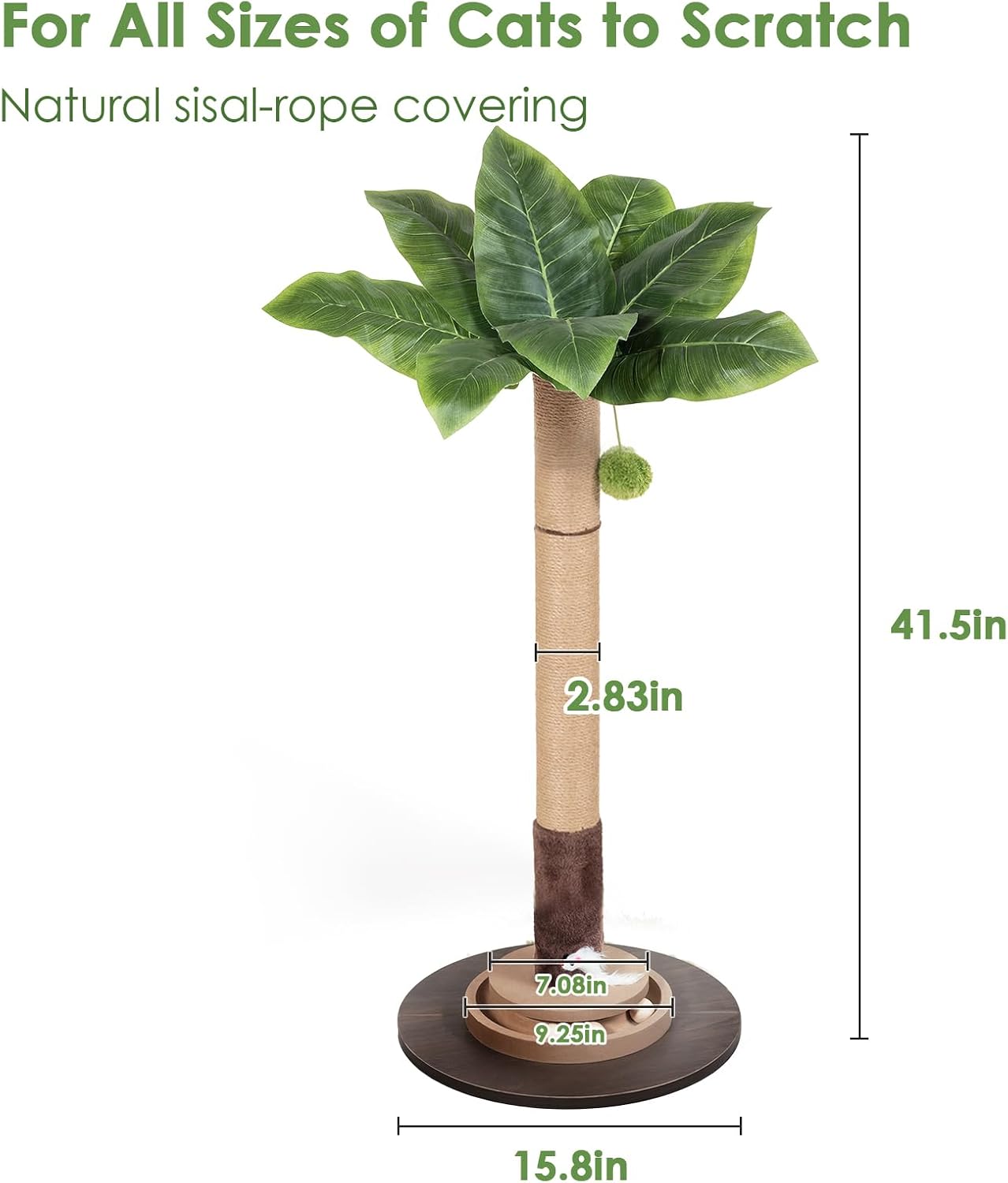 35" Sisal Rope Cat Scratching Post, Palm Leaf Cat Tree with Hanging Ball & Mouse Toy for Kittens & Adult Indoor Cats - Image 2