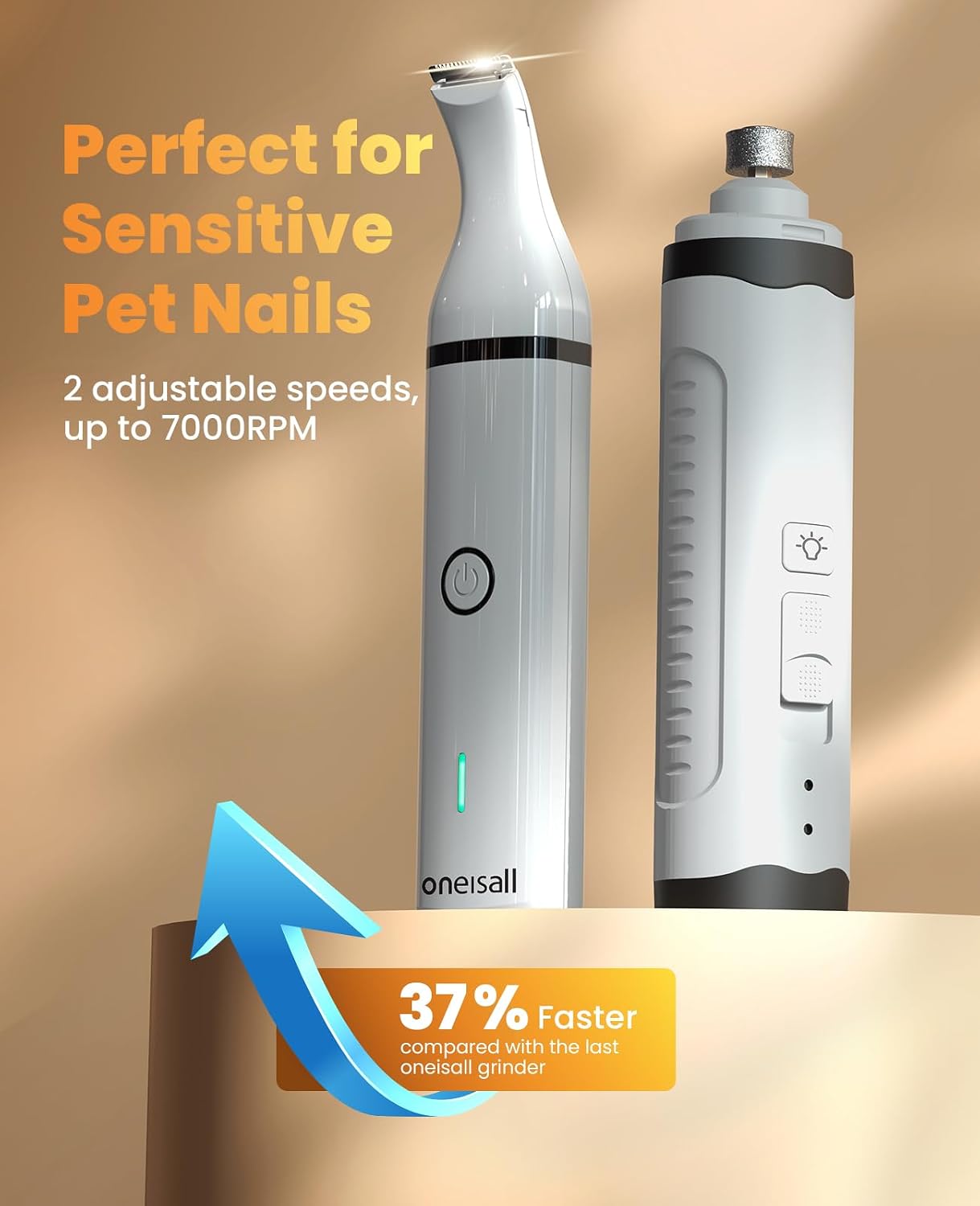 oneisall 3 in 1 Dog Nail Grinder & Paw Trimmer Kit, 2 LED Lights | 2 Replaceable Blades, 6500/7500RPM, 2 Speeds, Low Noise, Cordless & Rechargeable, Safe for Paw, Face, Ears, Body - Image 7