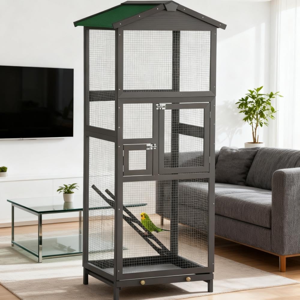 Indoor and Outdoor Aviary House, Wooden birdcages Bird Cage with Pull Out Tray and Wooden Bird cage Two Doors, Spacious Multi-Level Design for Small Birds Like Parakeets, Canaries