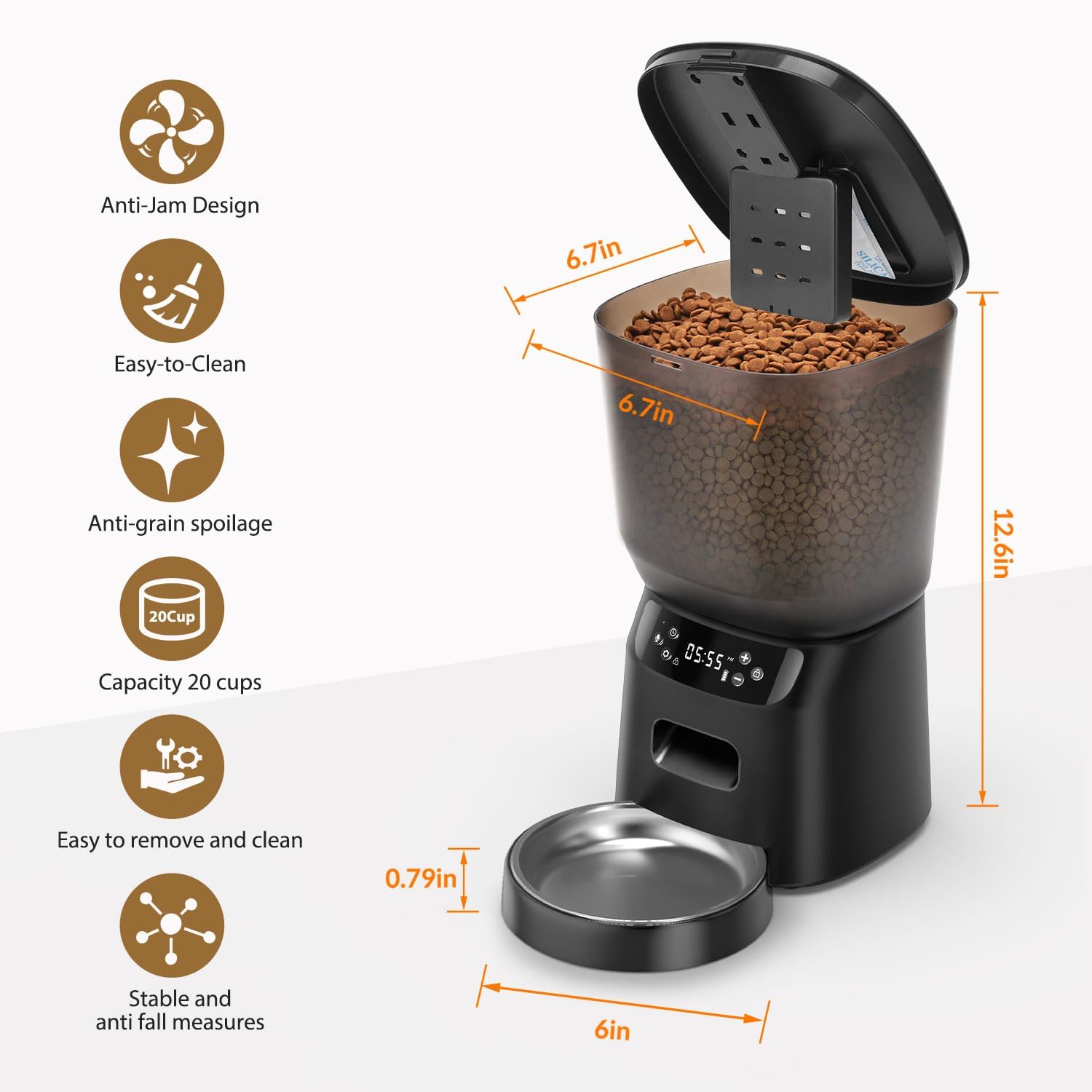 Automatic Cat Feeder, Cat Food Dispenser with Stainless Steel Bowl, Timed Portion Control 20 Portions 6 Meals Per Day, Voice Recorder, Dual Power Supply for Small Dogs - Image 3