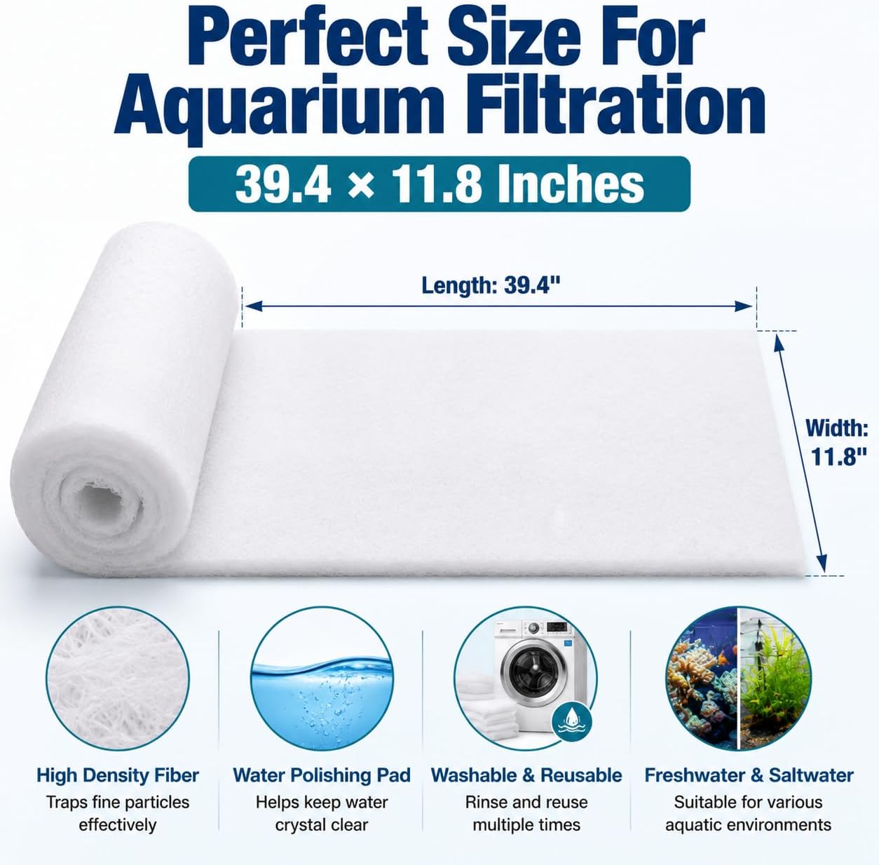 MAQIHAN Aquarium Filter Media Pad - White Filter Floss, 39.4 x 11.8 Inch | Filter Foam Roll, Fish Tank Filter Floss for Freshwater & Saltwater Aquariums, Ponds, Turtle Tanks, Polishing Pad Clear Water - Image 2