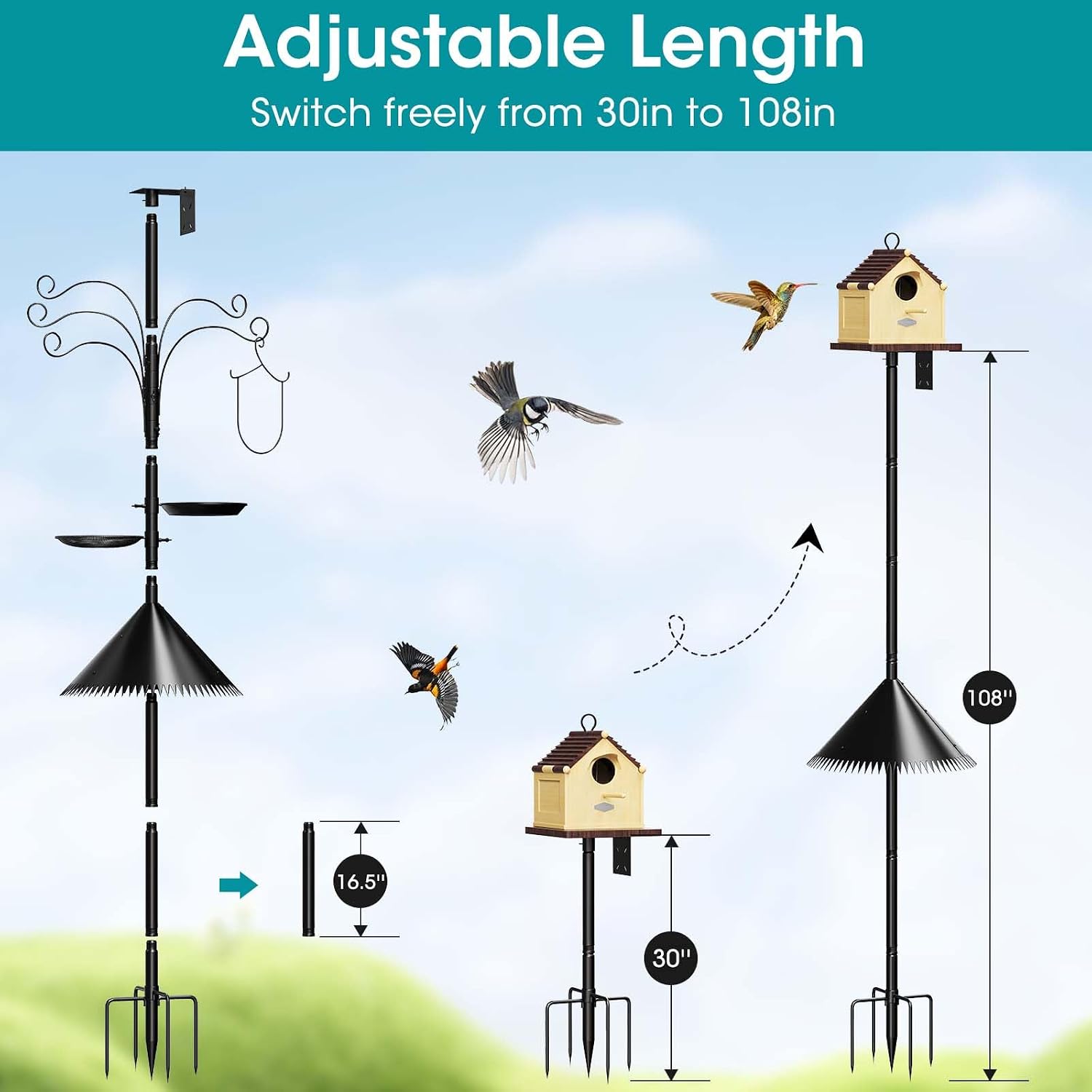 108 Inch Bird Feeder Pole Squirrel Proof, Heavy Duty Bird House Pole, Adjustable Bird Feeder Stand with 5 Shepherds Hooks, 2 Mental Trays, Hummingbird Swing - Image 5