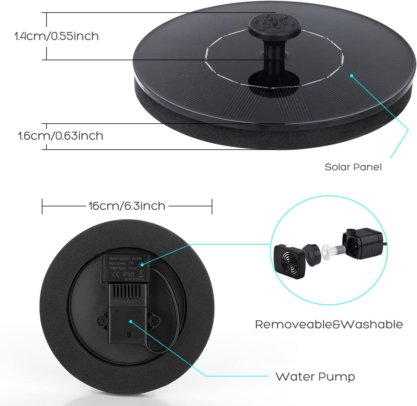 Mademax 1W Solar Bird Bath Fountain Pump, Solar Fountain, Free Standing Floating Solar Powered Water Fountain Pump for Bird Bath, Garden, Pond, Pool, Outdoor - Image 6