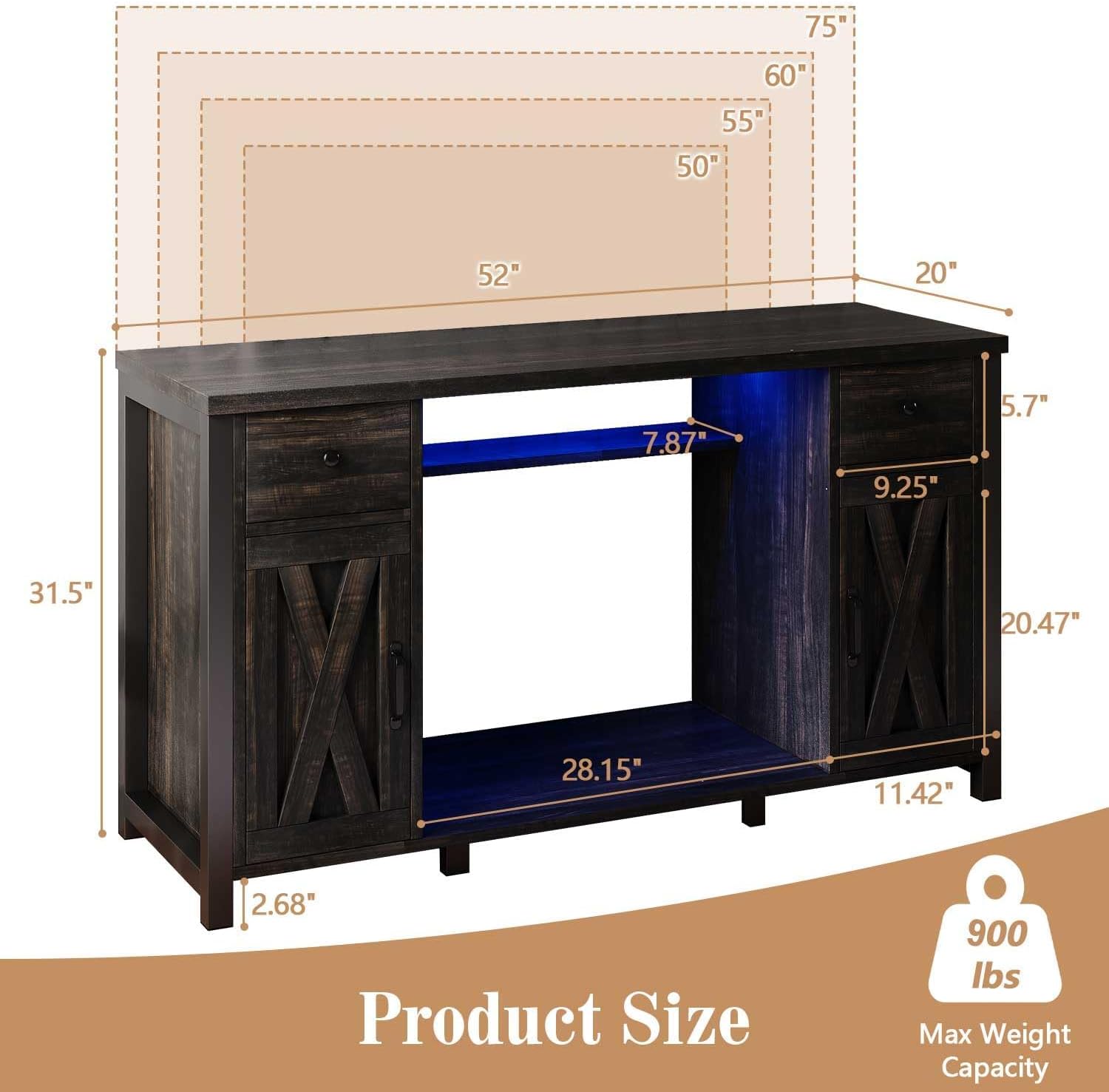 4ever2buy 55-75 Gallon Fish Tank Stand with Power Outlet & LED Lights, Heavy Duty Aquarium Stand with Storage Drawers & Barn Doors, Reptile Tank Cabinet for Turtle, Reptile Terrarium, Dark Oak - Image 2