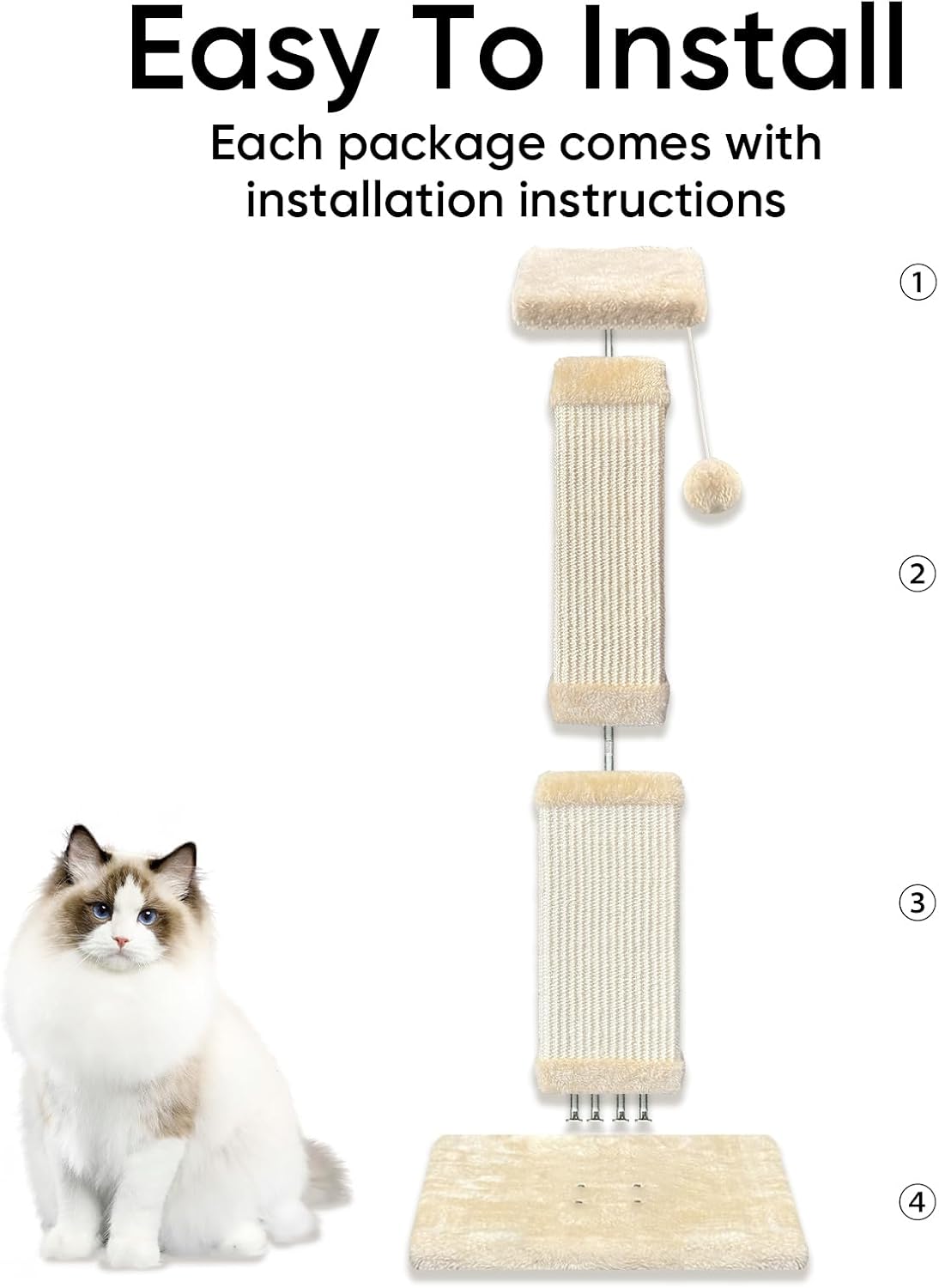 Cat Scratching Post for Indoor Cats, 32Inch Sisal Cat Scratcher, Beige | Wide Stable Base, Full-Body Stretching Cat Scratch Post, Heavy Duty Post for Cat Adults to Protect Furniture, Easy Assembly - Image 4