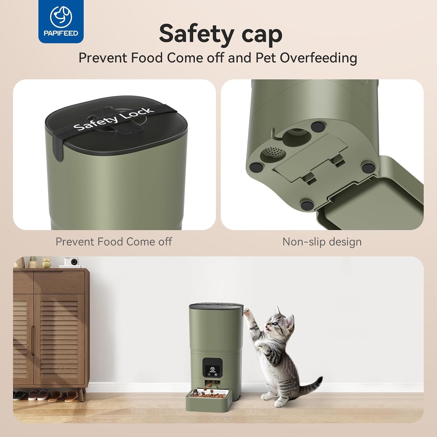 PAPIFEED Automatic Cat Feeder with App, 2.4G WiFi Cat Food Dispenser, 6L Timed Cat Feeders for Dry Food, 10 Meals/Day, 12 Portions/Meal, Dual Power Supply Smart Pet Feeder for Small Dog, Army Green - Image 6