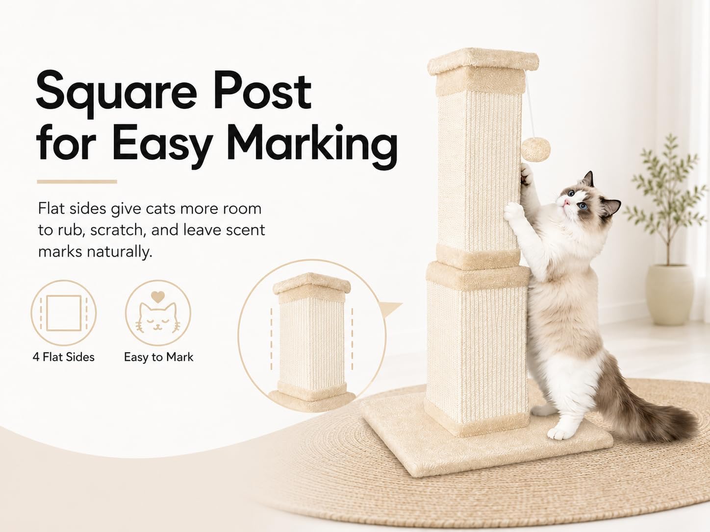 Cat Scratching Post for Indoor Cats, 32Inch Sisal Cat Scratcher, Beige | Wide Stable Base, Full-Body Stretching Cat Scratch Post, Heavy Duty Post for Cat Adults to Protect Furniture, Easy Assembly - Image 7