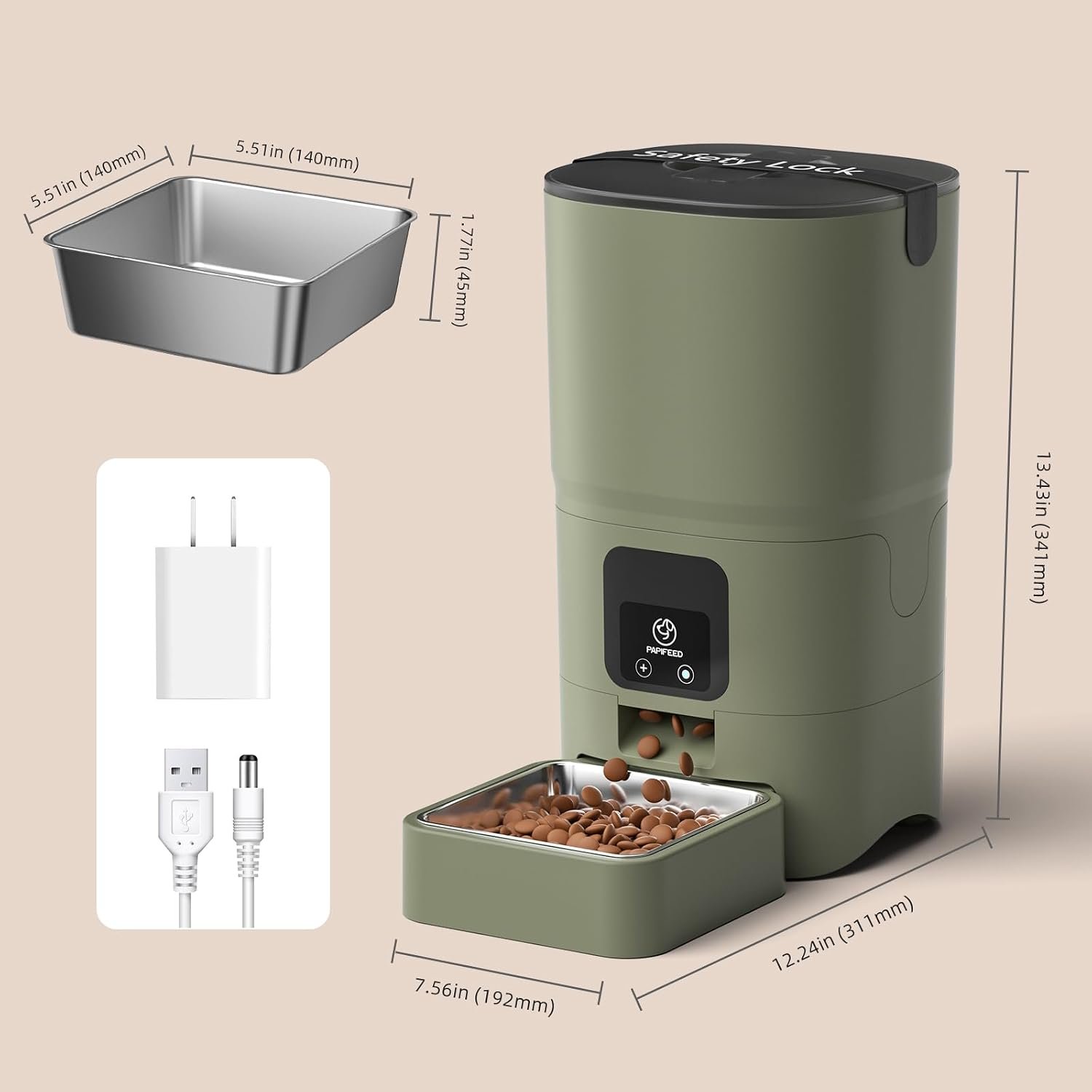 PAPIFEED Automatic Cat Feeder with App, 2.4G WiFi Cat Food Dispenser, 6L Timed Cat Feeders for Dry Food, 10 Meals/Day, 12 Portions/Meal, Dual Power Supply Smart Pet Feeder for Small Dog, Army Green - Image 8