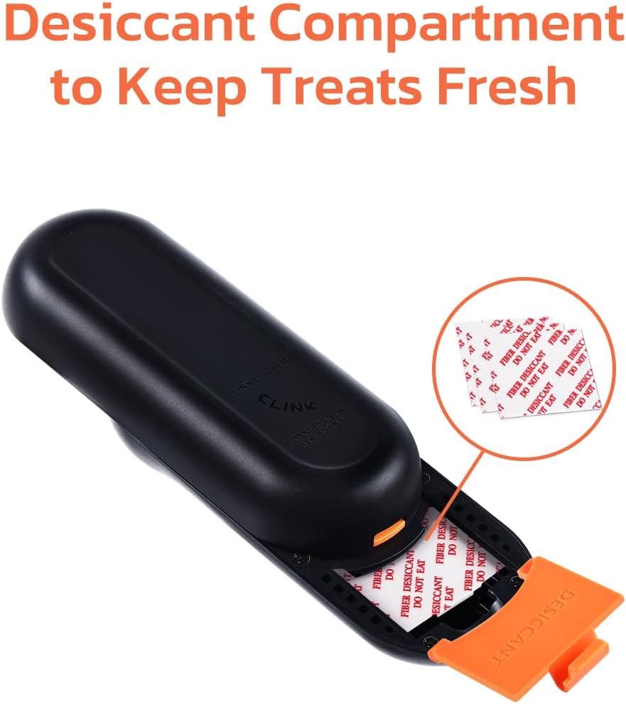Clink Design 2-in-1 Puppy Essentials, Dog Training Clicker & Treat Carrier, Durable Food-Grade ABS, Treat Carrier with Desiccant Compartment, Compact & Lightweight Dog Stuff for Dogs - Black & Orange - Image 4