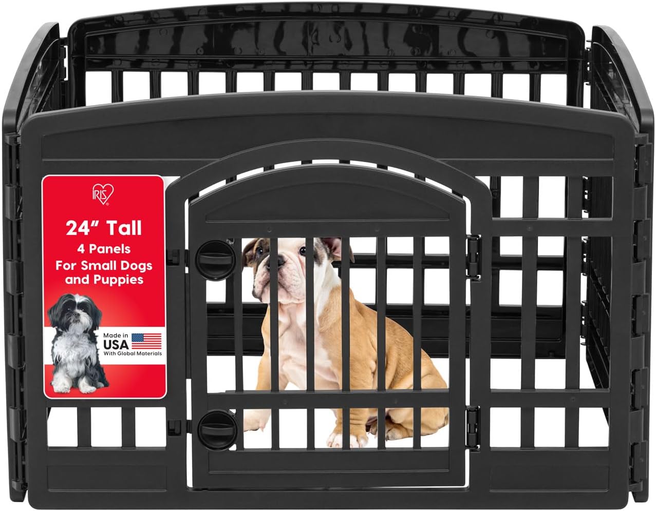 IRIS USA Dog Playpen with Door, 24” 4 Panel Pet Exercise Pen – Indoor Outdoor Puppy Play Pen, Portable Plastic Pet Fence for Small Medium Dogs, Foldable 35” x 35” x 24”, Black