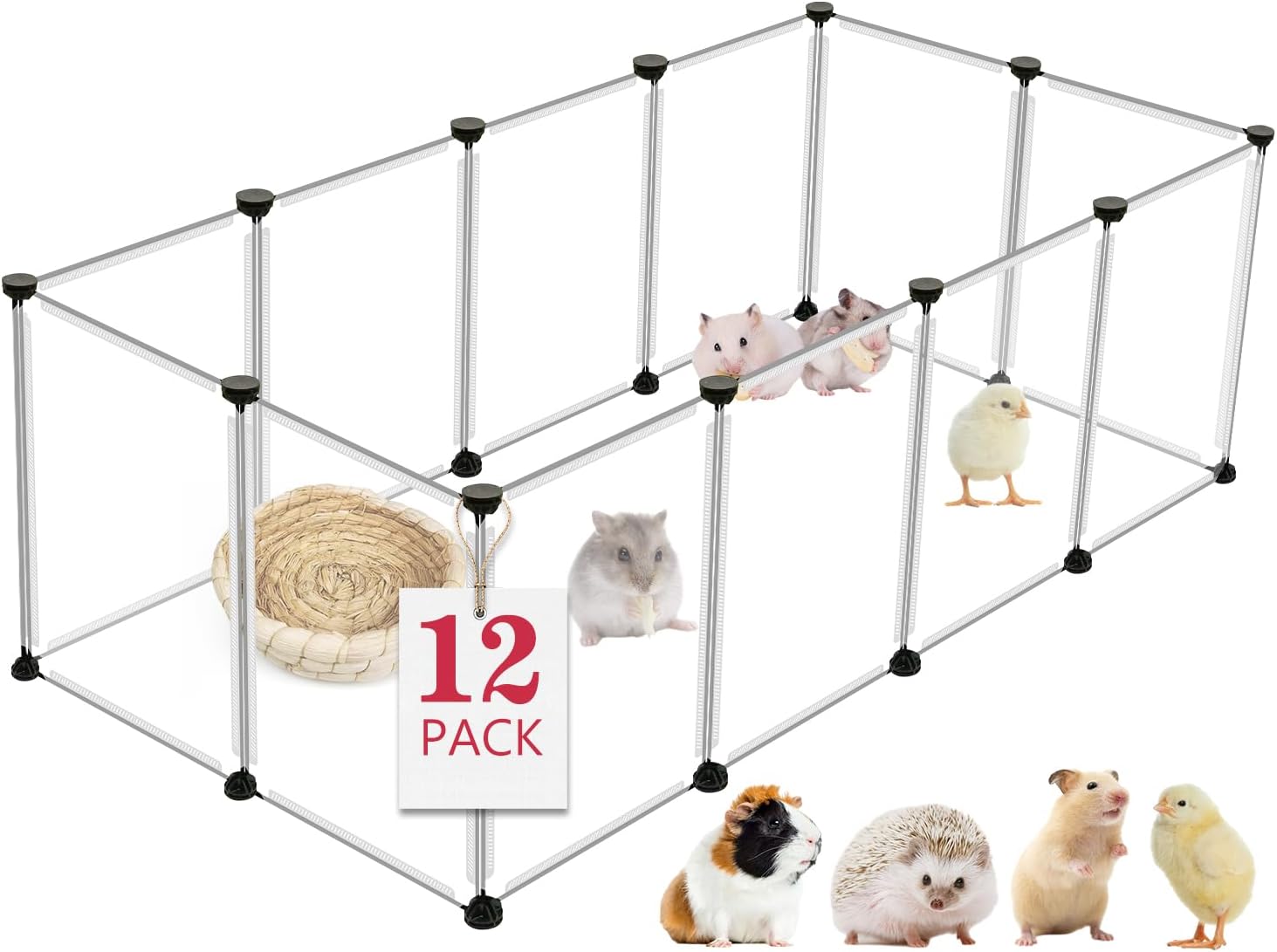 VISCOO 12 Panels Transparent Small Animals Playpen,48" x 24" x 16" Portable Pet Playpen,Plastic Enclosure,Puppy Play Pen for Indoors Outdoor Pet Fence for Guinea Pigs,Bunny,Ferrets,Hamsters,Hedgehogs