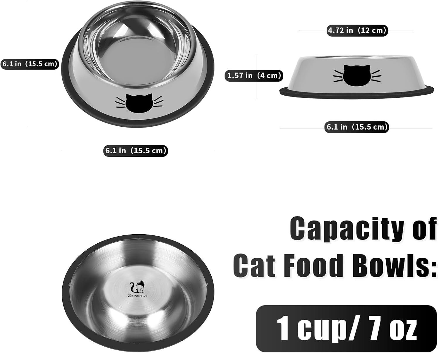 Serentive 2 Pcs Non-Slip Stainless Steel Small Cat Food Bowls - Unbreakable, Thicken 7 Oz Cat Dishes - Indoor, Removable Rubber Base, Easily Clean, Lovely Color - Image 2