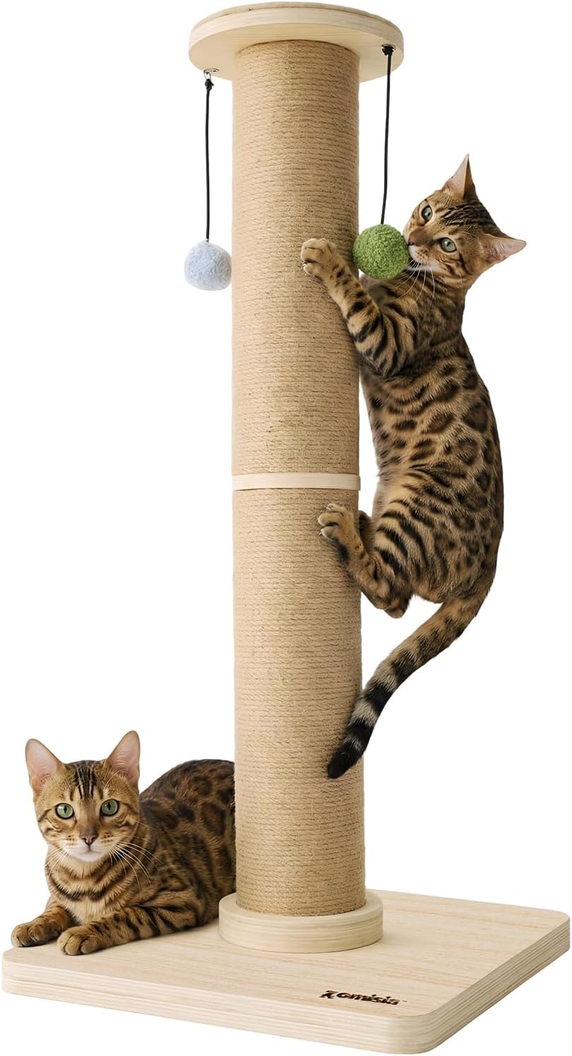 ZOMISIA 35'' Tall Cat Scratching Post for Indoor Cats Adults | 4.7'' Large Scratch Post, Thicken Wooden Base, Sisal Scratcher Top & Dangling Balls, Super Sturdy