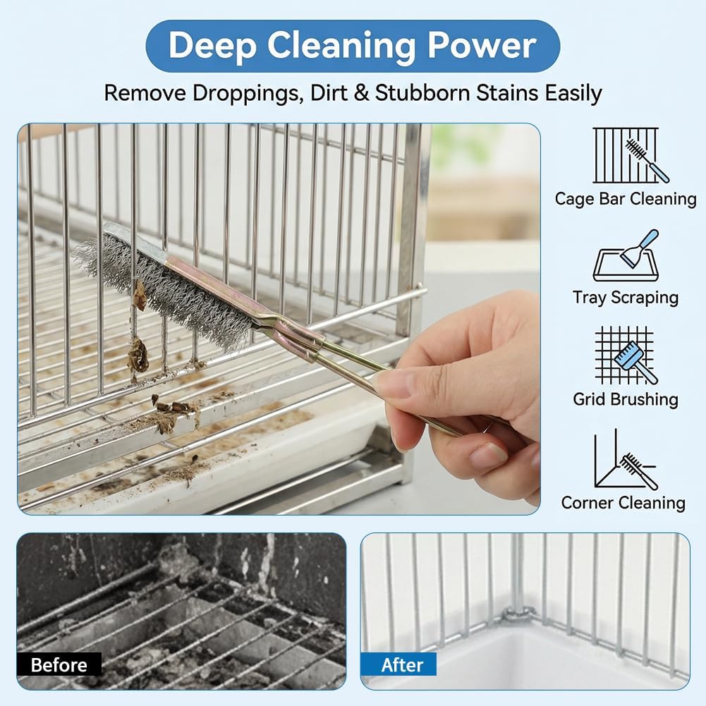 Bird Cage Cleaning Brush Kit, Bird Poop Remover Cleaning Tools Accessories for Small,Medium,Large,Tall, 4-Piece Multi Function Bird Perch Set, Includes Perch Brush, Mesh Brush and 3-in-1 Wire Brush - Image 5