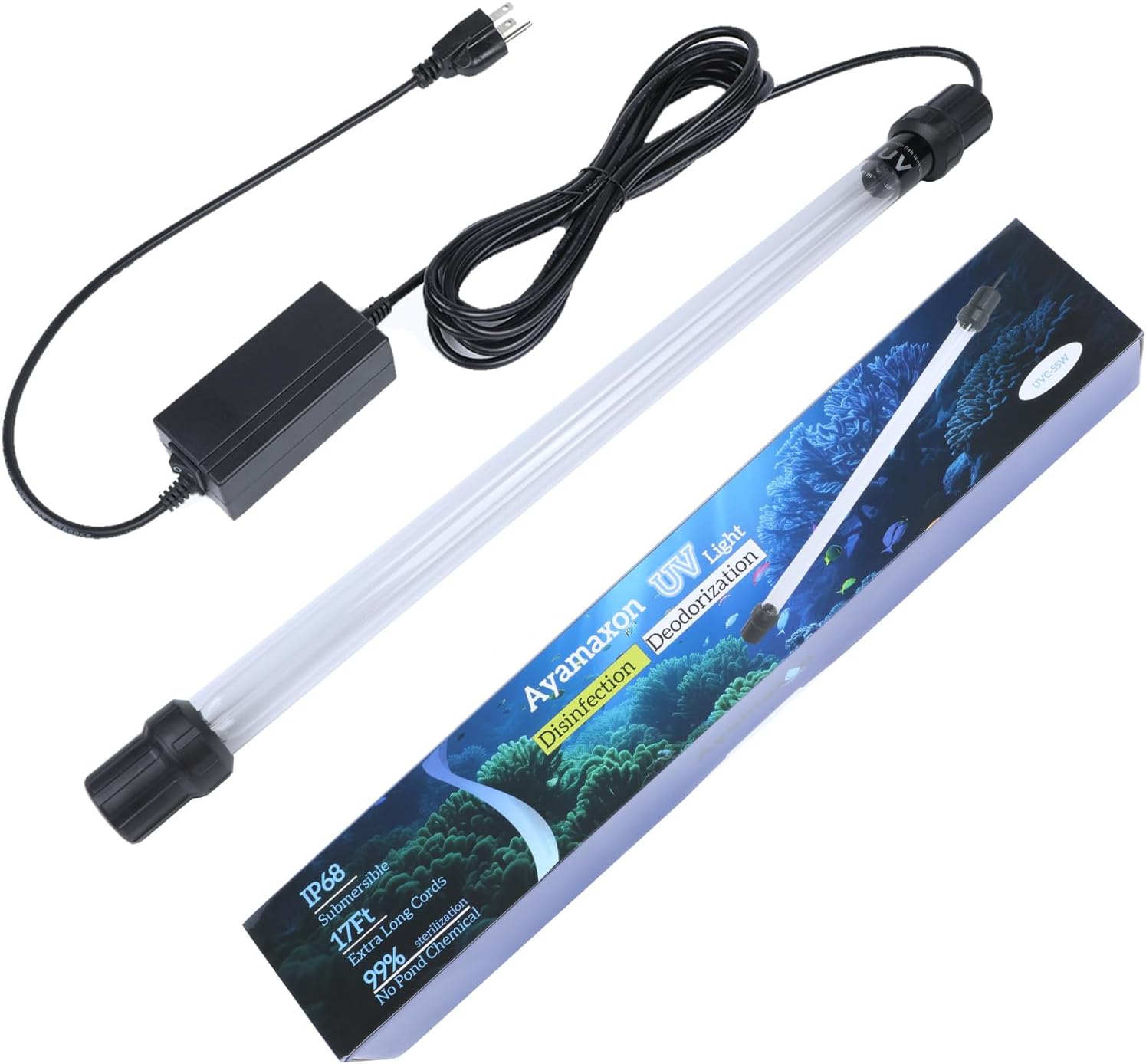 55W UV Submersible Aquarium Pool Light for 300-5000 Gal | Water Clarifier for Pond, Pool, Hot Tub,Large Fish Tank& Cold Plunge with Ozone-Free UV-C Water Filter Lamp