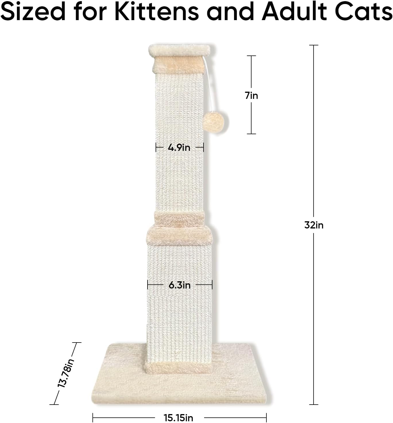 Cat Scratching Post for Indoor Cats, 32Inch Sisal Cat Scratcher, Beige | Wide Stable Base, Full-Body Stretching Cat Scratch Post, Heavy Duty Post for Cat Adults to Protect Furniture, Easy Assembly - Image 3