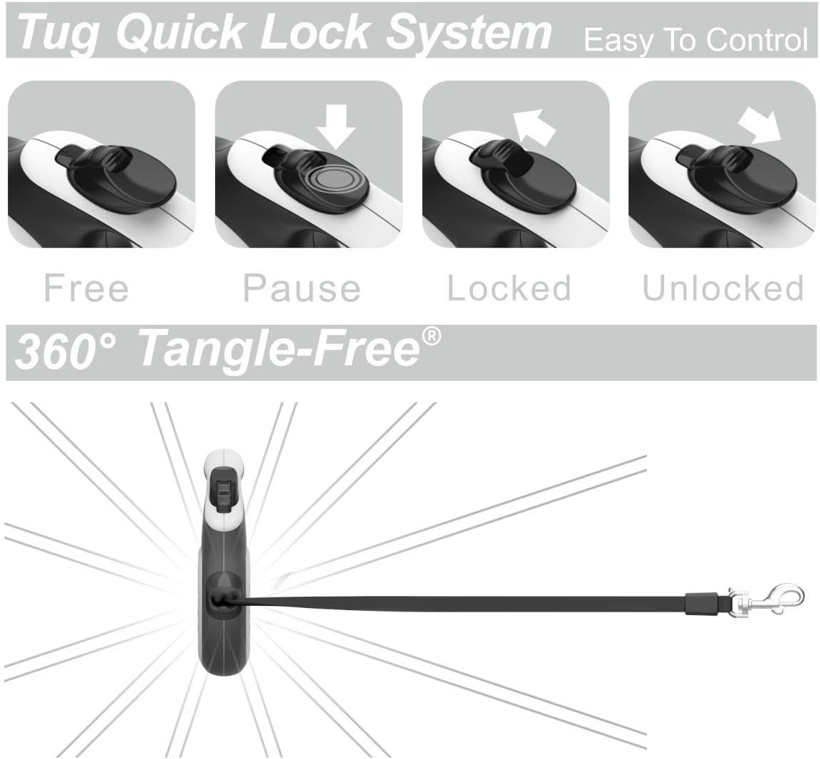 TUG 360° Tangle-Free Retractable Dog Leash | 16 ft Strong Nylon Tape | One-Handed Brake, Pause, Lock (Medium, White) - Image 5