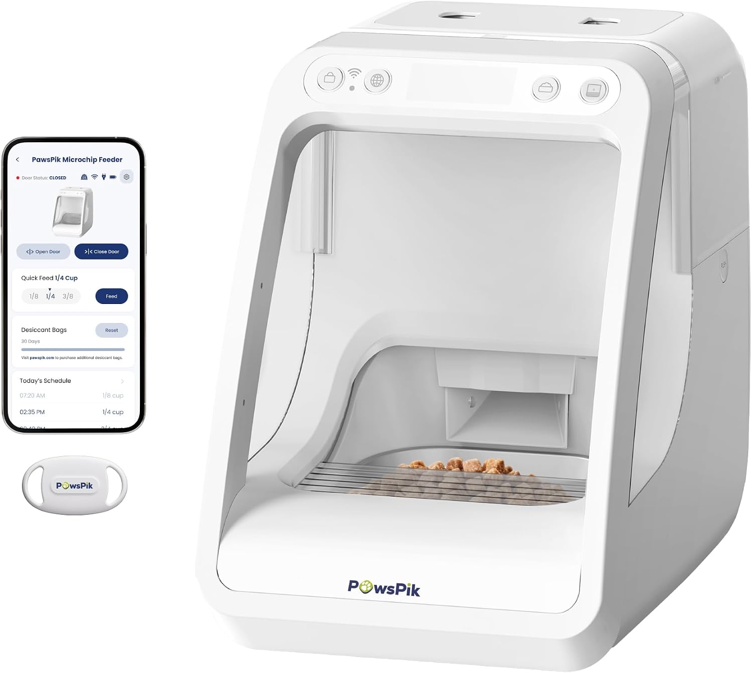 PawsPik Automatic Microchip RFID Cat Feeder, 16-Cup, White | ISO Microchip & PawsPik RFID Tag Compatible, App Control, Portion Control, Personalize Feeding