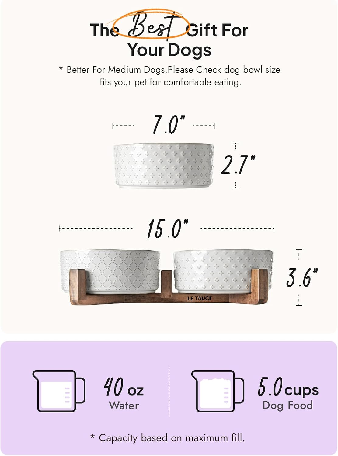 LE TAUCI Ceramic Dog Bowls with Acacia Wood Stand - 7 Inch Food & Water Set for Medium-Large Dogs - Weighted Pet Bowls - Image 2