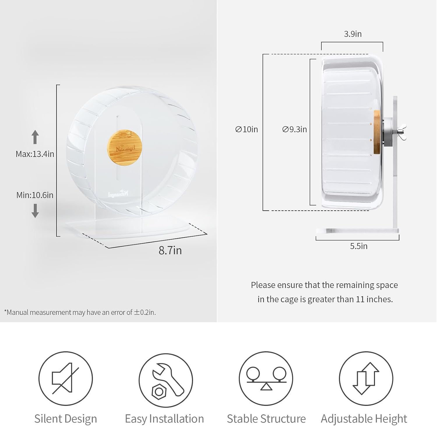 Niteangel Super-Silent Hamster Exercise Wheels - Quiet Spinner Hamster Running Wheels with Adjustable Stand for Hamsters Gerbils Mice Or Other Small Animals (M, Transparent) | Can 10.6-13.4" Adjustable Height - No Bend Back Spinner Running for Dwarf Syrian Hamster Gerbils Mice Or Other Small Animal - Image 2