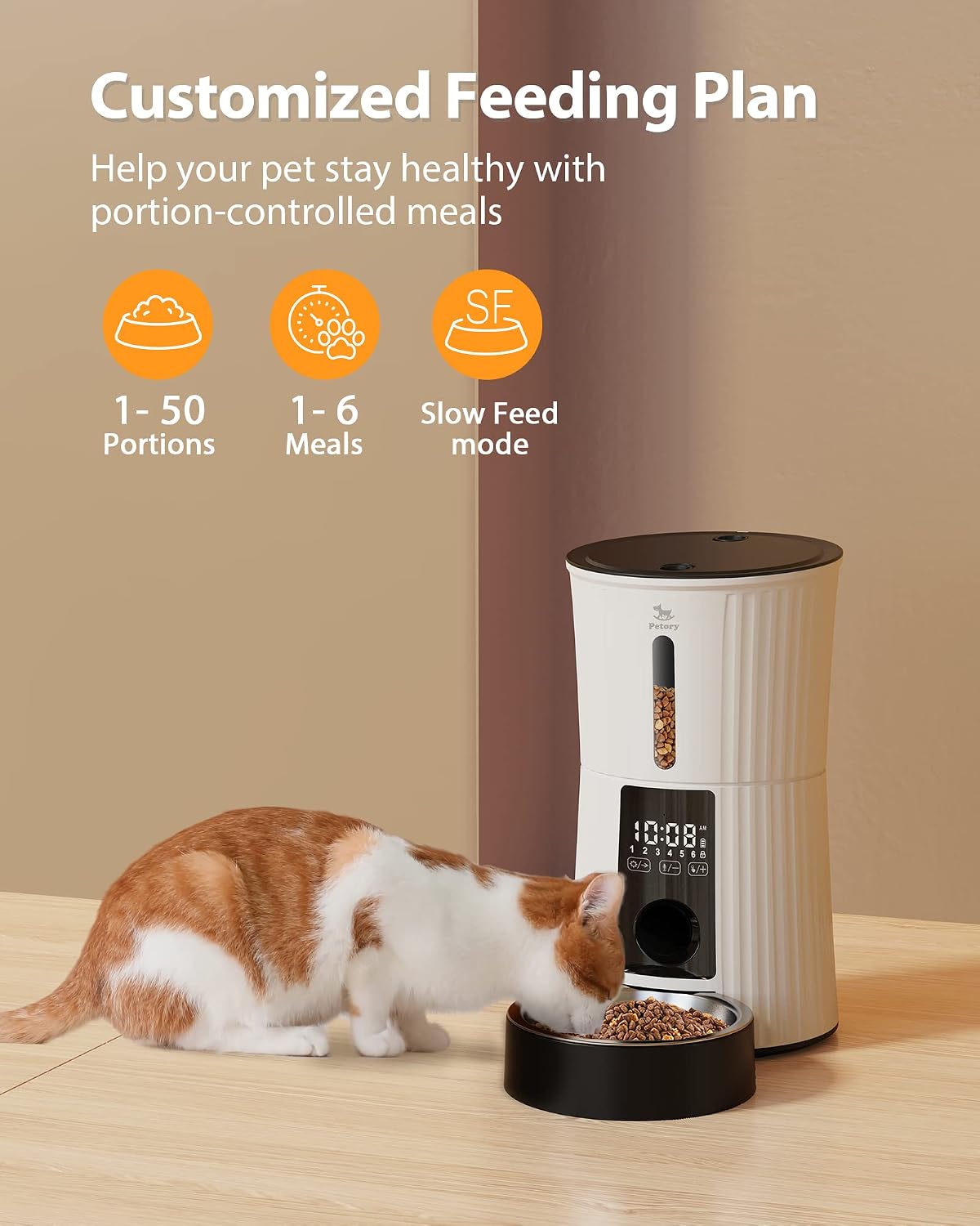 Petory Automatic Cat Feeder, 4L Dry Food Dispenser for Cats and Small Dogs | Programmable Portion Control, Up to 6 Meals Daily, Dual Power Supply, 10-Second Voice Recorder, Slow Feeding - Image 2