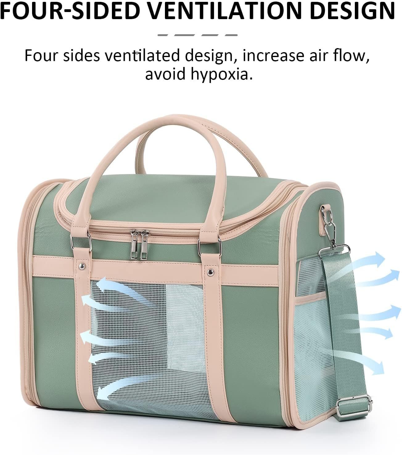 Luxury Mint Green PU Leather Pet Carrier Bag, Airline Compliant Portable Travel Crate with Breathable Mesh Panels & Shoulder Strap for Cats Small Dogs Travel & Vet Use - Image 7