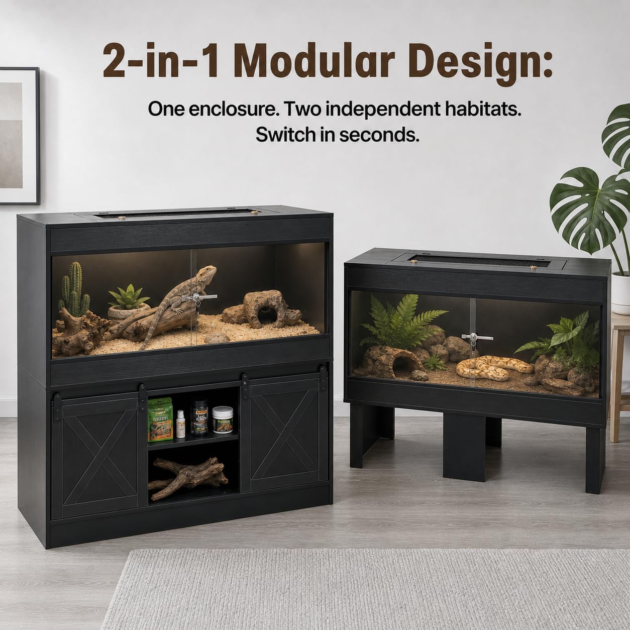 Cushore Double 4x2x2 Reptile Enclosure with Stand, Albizia Solid Wood-Core 120 Gallon Reptile Terrarium, Bearded Dragon Tank Stand with Sliding Door and 2 Cabinets for Lizard, Crested Gecko, Black - Image 6
