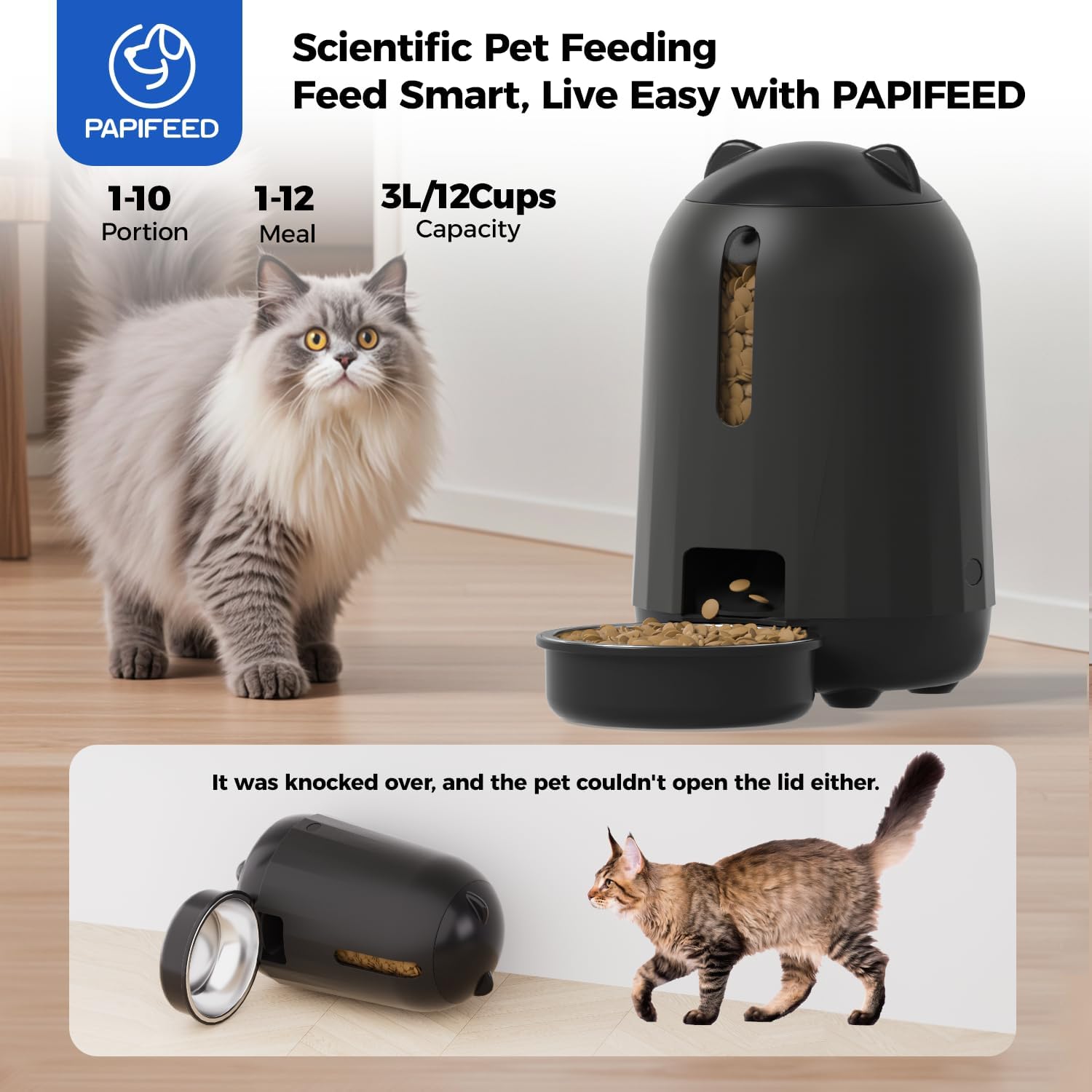 PAPIFEED Automatic Cat Feeder with App, 2.4G WiFi Cat Food Dispenser, 3L Timed Cat Feeders for Dry Food, Slow Feeding Mode, Dual Power Supply Smart Pet Feeder for Cat, Black - Image 3