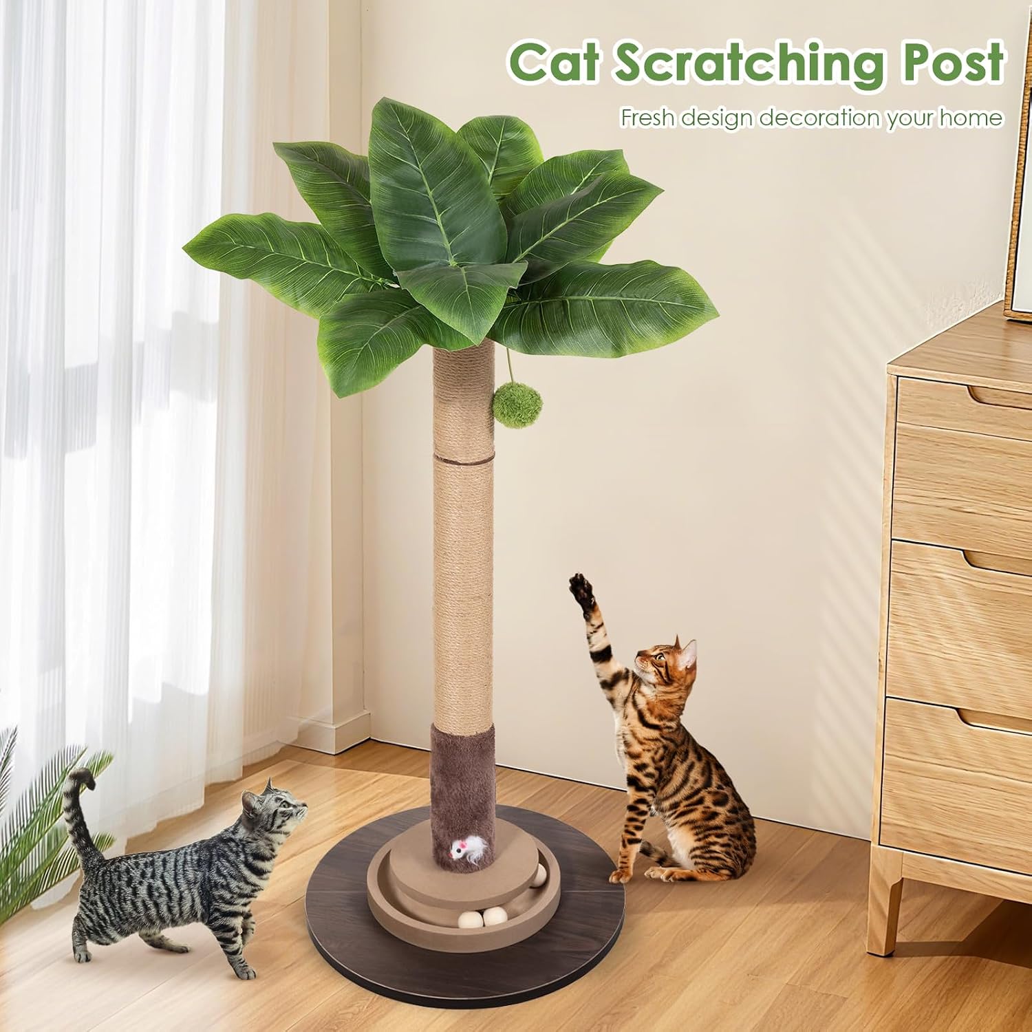 35" Sisal Rope Cat Scratching Post, Palm Leaf Cat Tree with Hanging Ball & Mouse Toy for Kittens & Adult Indoor Cats - Image 6