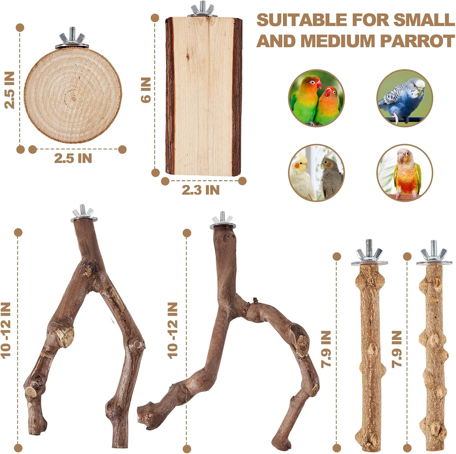 LIMIO 6-Piece Bird Perch Set - Natural Wood Grape Sticks, Paw Grinding Forks, Bird Stand & Toys for Parakeets, Cockatiels, Conure, Budgies - Image 5