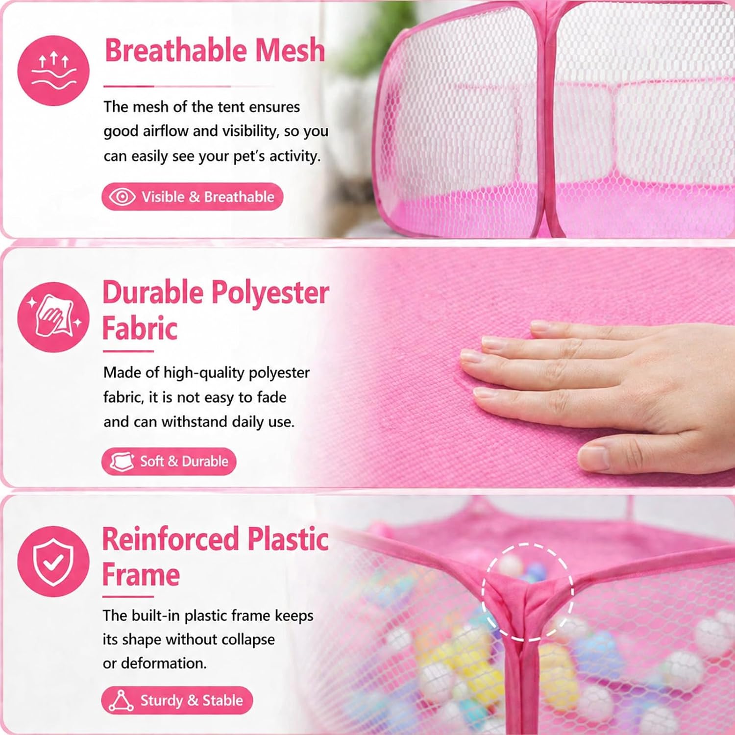 Rypet Guinea Pig Playpen Pop-Up, Outdoor Yard Fence for Small Pets,Pink | Breathable 360° Mesh View, Pops Open Fast, 47 x 15 in Play Space, Folds Flat for Travel, Rabbits Hamsters Hedgehogs - Image 3