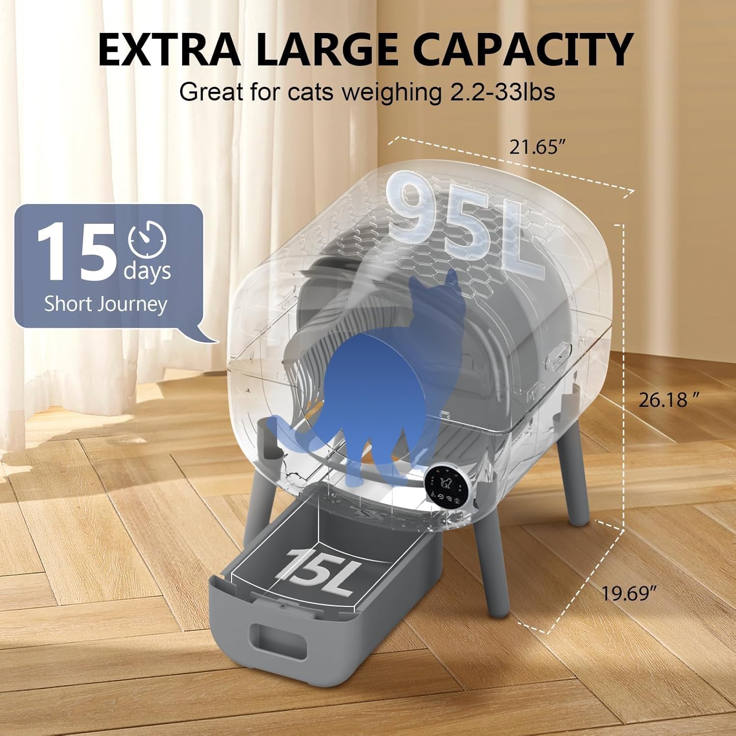 Cumrige Self Cleaning Litter Box, Large Capacity Automatic Cat Litter Box Self Cleaning for Cats, App Control,Safety Protection, 2 Roll Garbage Bags,White & Grey - Image 2