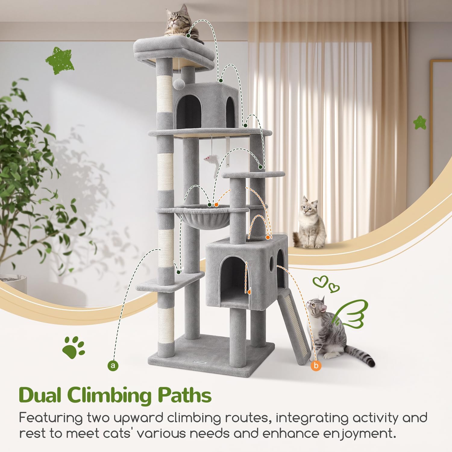 Globlazer Heavy Duty Cat Tree, 70 inch Sturdy Cat Tree for Indoor Cats Extra Large Cat Tower with Scratching Post, Hammock, Cat Condo for Adult Cats Kittens, F70 Pro, Light Grey - Image 5