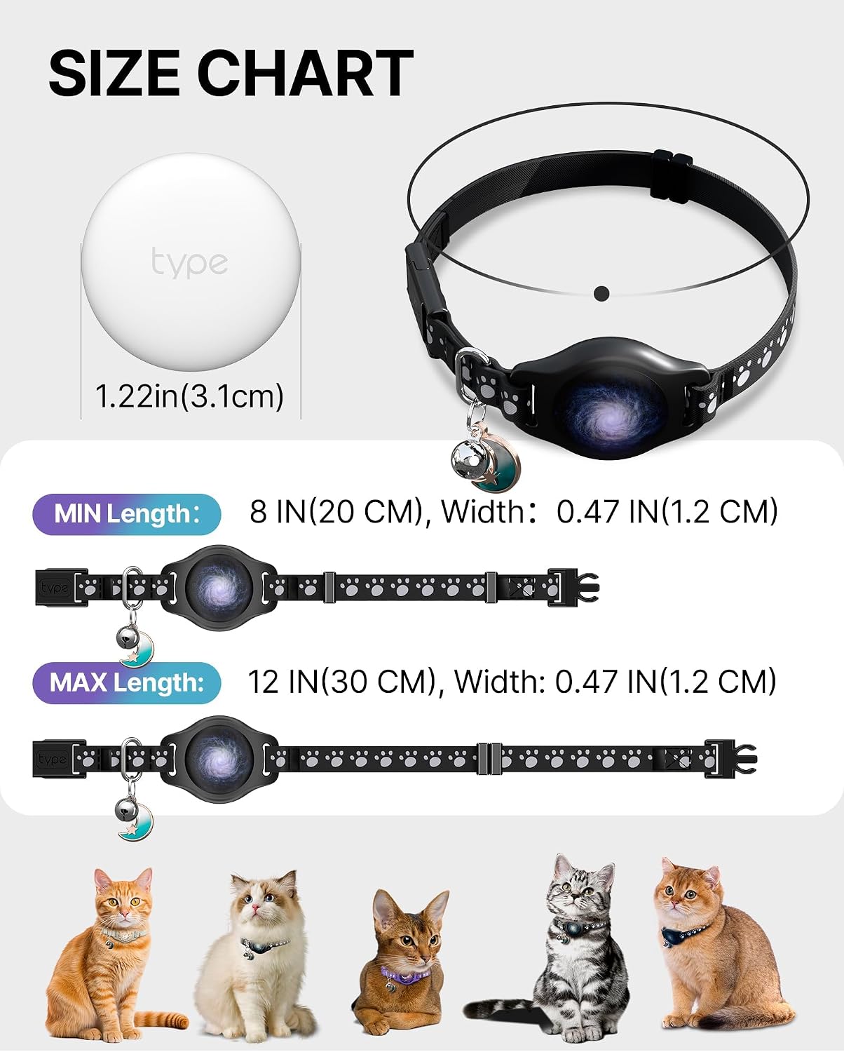 Cat Tracker Collar Waterproof Airtag Cat Collar with Finder Tag (iOS ONLY Not for Android Devices), Compatible with Apple Find My, Breakaway Tractive with Reflective Pattern & Bell, Black, 8-12" - Image 5