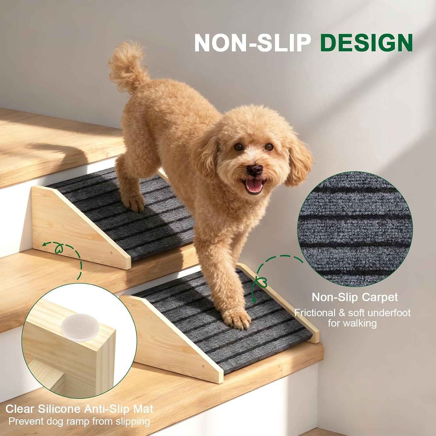 TIMHAKA 2 Pack Dog Ramp for Stairs, Upgraded Widened Non-Slip Dog Stairs for Small Medium Dogs, Wooden Pet Steps for Staircase, Steps and Stairs Assist for Injured & Aged Pets - Image 3