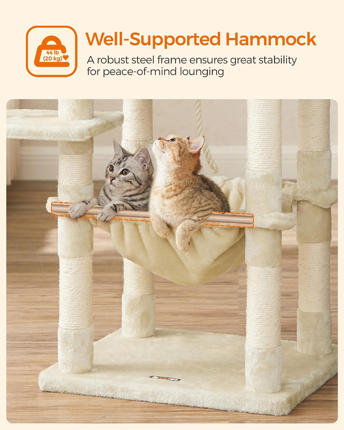 Feandrea Cat Tree, 55.8-Inch Cat Tower, Multi-Level Plush Condo with 11 Scratching Posts, 2 Perches, Hammock, Cave, Beige UPCT15BE - Image 5