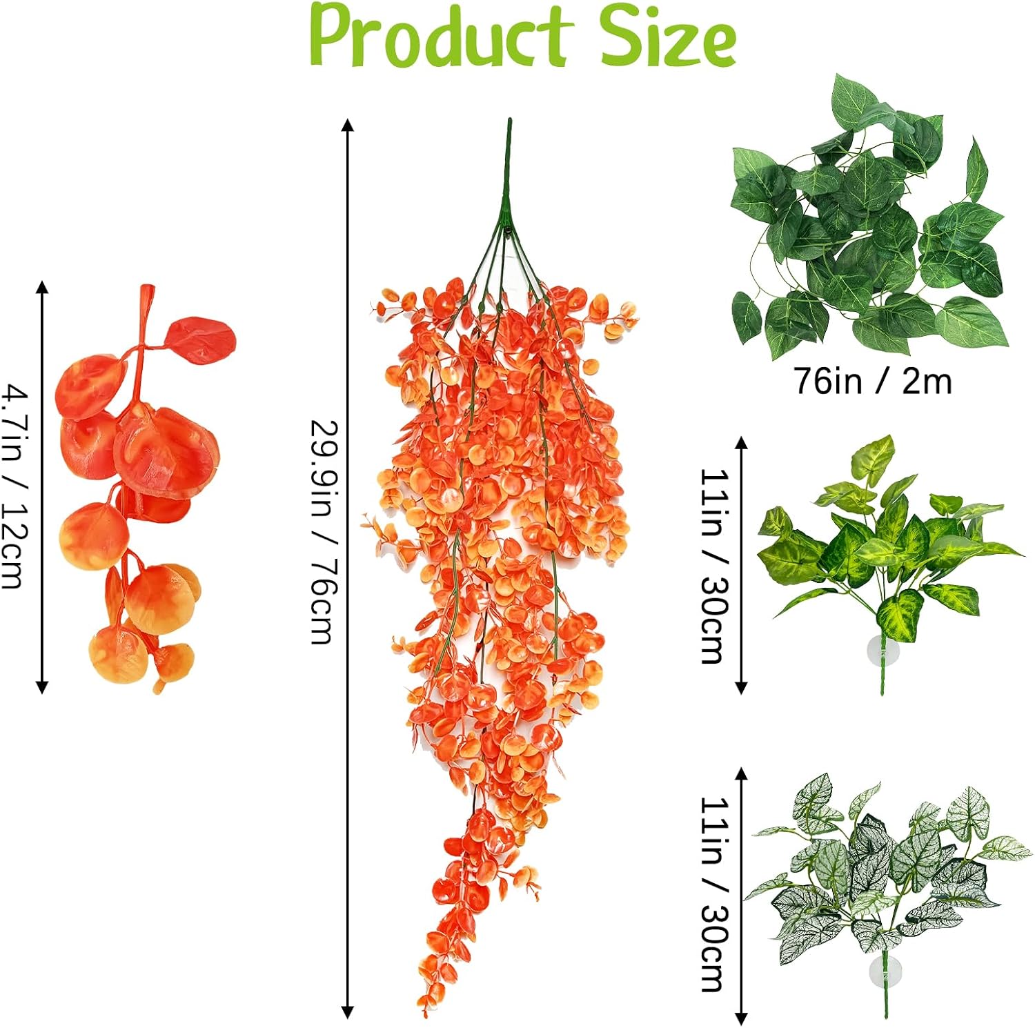 Hamiledyi Reptile Plants 5 Pcs Climbing Terrarium Plant with Suction Cup Artificial Decor for Snake Cage Bearded Dragon Tank Accessories for Lizard, Leopard Gecko, Chameleon, Snake (Orange) - Image 2