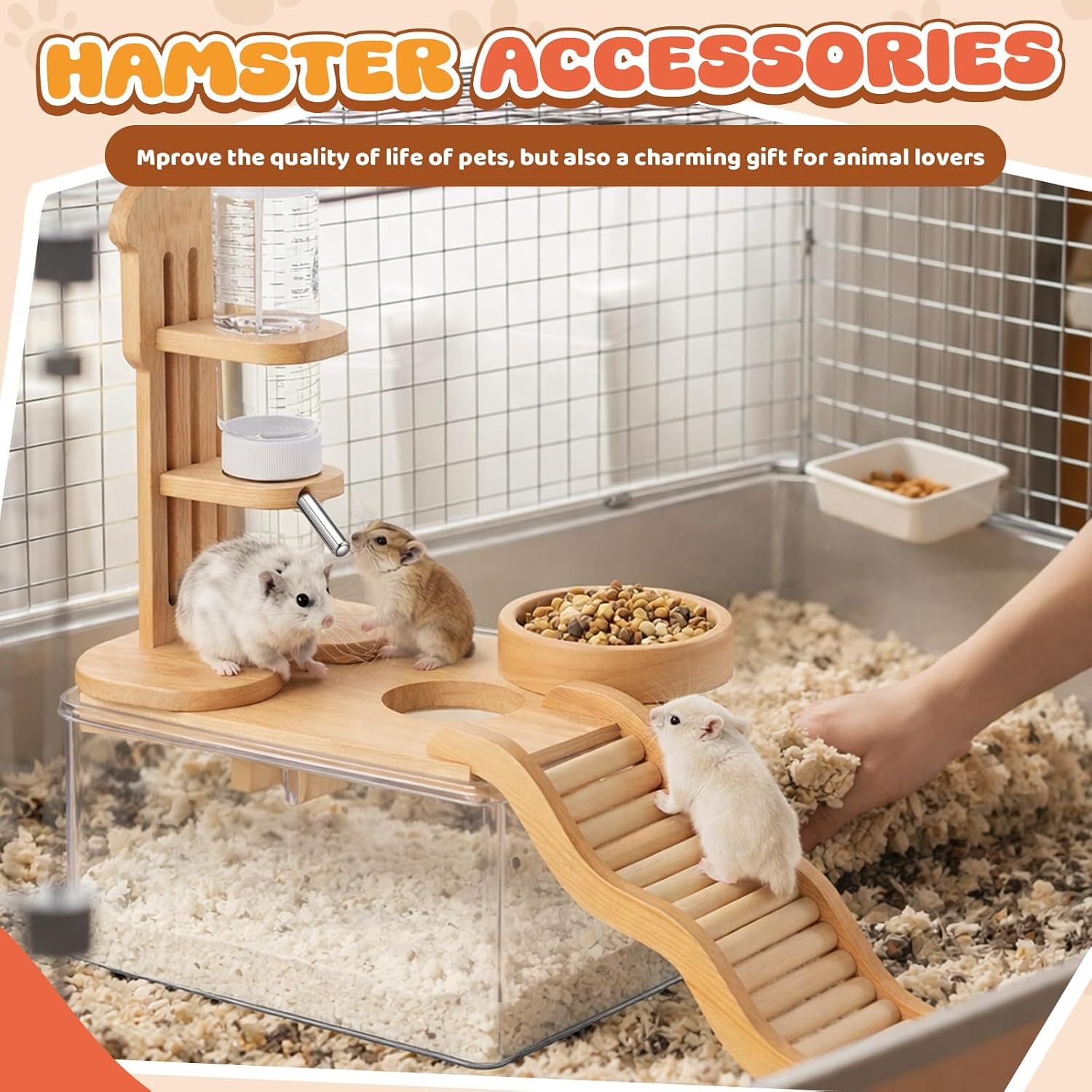 4 Pcs Hamster Cage Accessories Acrylic Sand Bath Box Feeding Bowl Water Bottle Set Hamster Climbing Toy Wooden Ladder Bridge Set for Rat Mice Small Animals Habitat(Rectangle) - Image 7